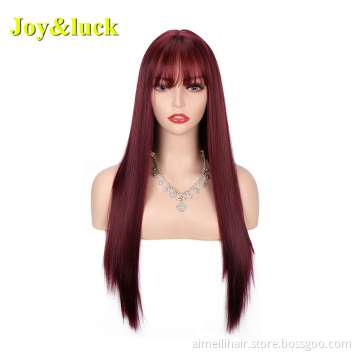 Wholesale Prices Wine Red Color Wig For Women Party Or Cosplay Natural Long Straight With Bangs Soft Synthetic Ladies Hair Wigs